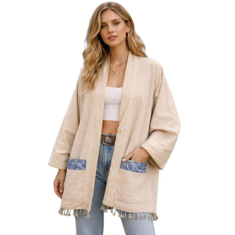 Vintage Laos Boho Reversible Fringe Jacket Patchwork Festival Coat L